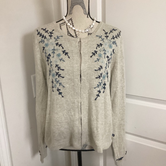 Route 66 Sweaters - Route66 Women’s Beige with Blue Floral Stitching Cardigan Knit Wool Sweater